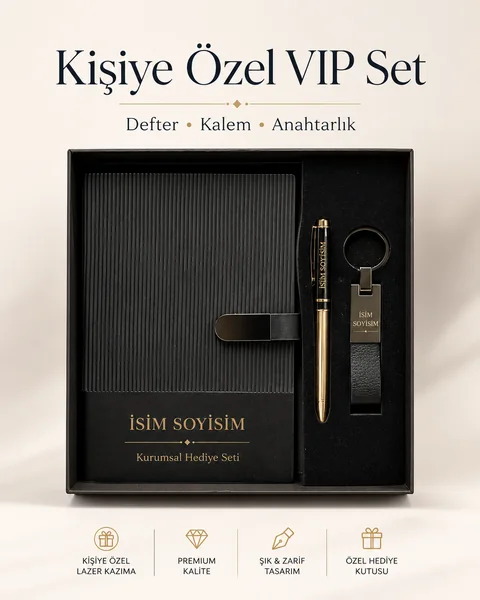 Kutuda defter, kalem ve anahtarlık içeren VIP set
